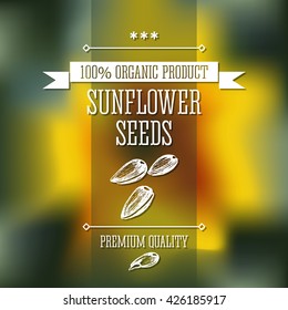 Sunflower seeds neat hand drawn monochrome label flavour modern design. Sunflower seeds sketch pictures with text and ribbon on a vector colorful background.