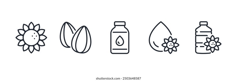 Sunflower seeds and oil related editable stroke outline icons set isolated on white background flat vector illustration. Pixel perfect. 64 x 64