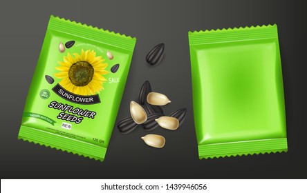 Sunflower seeds package Vector realistic. Product packaging mock up. Detailed 3d design