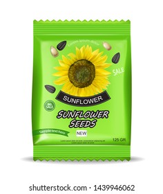 Sunflower seeds package Vector realistic isolated. Product packaging. Detailed 3d design