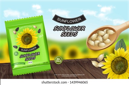 Sunflower seeds package Vector realistic. Product packaging mock up. Detailed 3d design