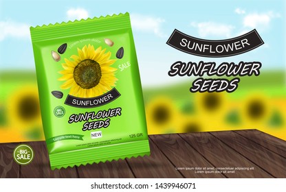 Sunflower seeds package Vector realistic. Product packaging mock up. Detailed 3d design
