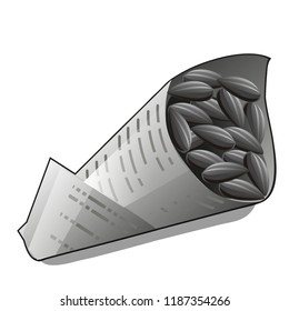 Sunflower seeds in paper packet isolated on white background. Vector cartoon close-up illustration.