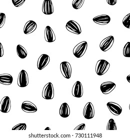 Sunflower seeds pattern. Hand drawn vector background. Black and white hand drawn illustration