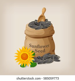 Sunflower seeds in a sack and spoon.