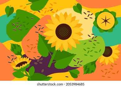 Sunflower and seeds seamless elements abstract pattern vector design background