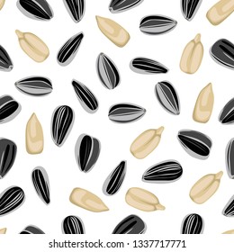 Sunflower seeds seamless pattern on white background. Vector illustration of grain in cartoon simple flat style.