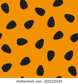 Sunflower seeds seamless pattern on yellow background. Background for seeds, sunflower oil  packaging, flyer, poster, menu, bird food design.