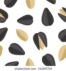 Sunflower seeds seamless pattern. Ripe sunflower seed in flat. Sunflower seeds on a white background. Several sunflower seeds. Healthy vegetarian food. Vector illustration