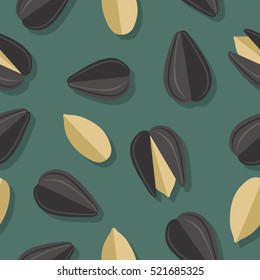 Sunflower seeds seamless pattern. Ripe sunflower seed in flat. Sunflower seeds on a dark green background. Several sunflower seeds. Healthy vegetarian food. Vector illustration