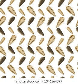 Sunflower seeds seamless pattern with white and black seeds isolated on white background, cartoon vector illustration