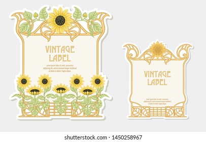 Sunflower. Set of 2 labels, decorative frames, borders. Good for product label. with place for text vector illustration. In art nouveau style, vintage, old, retro style. Isolated on white background.	