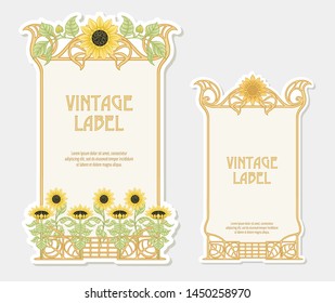 Sunflower. Set of 2 labels, decorative frames, borders. Good for product label. with place for text vector illustration. In art nouveau style, vintage, old, retro style. Isolated on white background.	