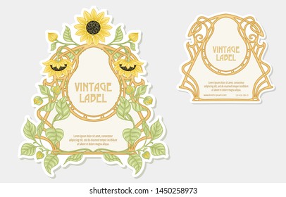 Sunflower. Set of 2 labels, decorative frames, borders. Good for product label. with place for text vector illustration. In art nouveau style, vintage, old, retro style. Isolated on white background.	