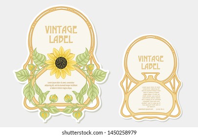 Sunflower. Set of 2 labels, decorative frames, borders. Good for product label. with place for text vector illustration. In art nouveau style, vintage, old, retro style. Isolated on white background.	