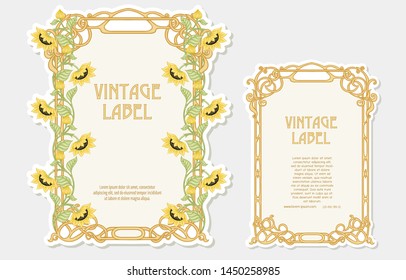 Sunflower. Set of 2 labels, decorative frames, borders. Good for product label. with place for text vector illustration. In art nouveau style, vintage, old, retro style. Isolated on white background.	