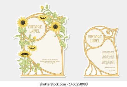 Sunflower. Set of 2 labels, decorative frames, borders. Good for product label. with place for text vector illustration. In art nouveau style, vintage, old, retro style. Isolated on white background.	