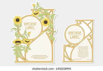 Sunflower. Set of 2 labels, decorative frames, borders. Good for product label. with place for text vector illustration. In art nouveau style, vintage, old, retro style. Isolated on white background.	