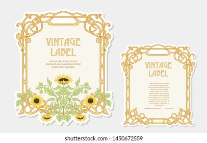 Sunflower. Set of 2 labels, decorative frames, borders. Good for product label. with place for text.  Vector illustration. In art nouveau style, vintage, retro style. Isolated on white background.