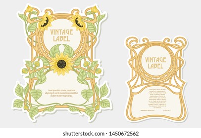 Sunflower. Set of 2 labels, decorative frames, borders. Good for product label. with place for text.  Vector illustration. In art nouveau style, vintage, retro style. Isolated on white background.