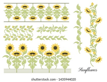 Sunflower. Set of elements for design Colored vector illustration. In art nouveau style, vintage, old, retro style.	