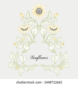 Sunflower. Set of elements for design Colored vector illustration. Outline hand drawing in art nouveau style, vintage, old, retro style.	