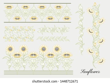 Sunflower. Set of elements for design Colored vector illustration. Outline hand drawing in art nouveau style, vintage, old, retro style.	