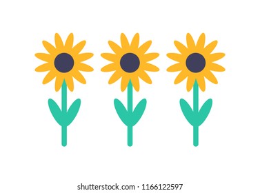 Sunflower set front view isolated vector icon. Collection of yellow flowers with green leaves, badge in cartoon style, pattern for wallpaper
