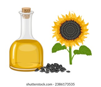 Sunflower set. Sunflower oil, sunflower plant, seeds. Agriculture, food. Vector