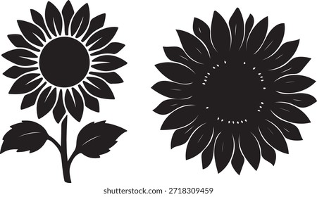 Sunflower silhouette vector icons. Two black floral designs featuring a blooming sunflower with stem and leaves, and a detailed flower head. Isolated on white for summer and garden branding.