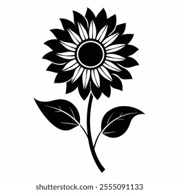 Sunflower silhouette vector with leaf on white background