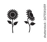 Sunflower Silhouette Vector Set – Front View and Side View Flower Illustrations with Stem and Leaves | Black Botanical Clipart for Logos, Crafts, and Design Projects