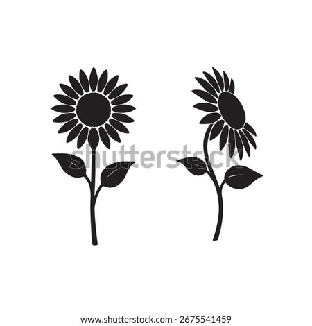 Sunflower Silhouette Vector Set – Front View and Side View Flower Illustrations with Stem and Leaves | Black Botanical Clipart for Logos, Crafts, and Design Projects