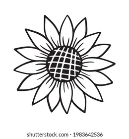 Sunflower simple icon. Flower silhouette vector illustration. Sunflower graphic logo, hand drawn icon for packaging, decor. Petals frame, black silhouette isolated on white background.
