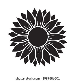 Sunflower simple icon. Flower silhouette vector illustration. Sunflower graphic logo, hand drawn icon for packaging, decor. Petals frame, black silhouette isolated on white background.