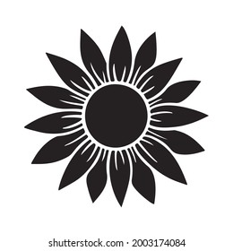 Sunflower simple icon. Flower silhouette vector illustration. Sunflower graphic logo, hand drawn icon for packaging, decor. Petals frame, black silhouette isolated on white background.