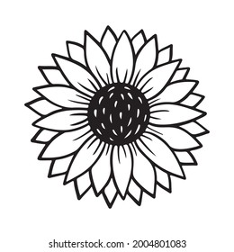 Sunflower simple icon. Flower silhouette vector illustration. Sunflower graphic logo, hand drawn icon for packaging, decor. Petals frame, black silhouette isolated on white background.