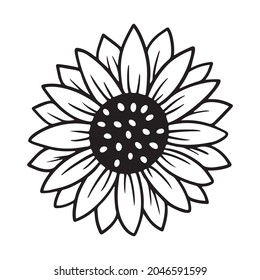 Sunflower simple icon. Flower silhouette vector illustration. Sunflower graphic logo, hand drawn icon for packaging, decor. Petals frame, black silhouette isolated on white background.