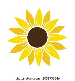 Sunflower simple icon. Flower silhouette vector illustration. Sunflower graphic logo, hand drawn icon for packaging, decor. Petals frame, black silhouette isolated on white background.