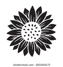 Sunflower Simple Icon. Flower Silhouette Vector Illustration. Sunflower Graphic Logo, Hand Drawn Icon For Packaging, Decor. Petals Frame, Black Silhouette Isolated On White Background.