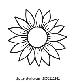 Sunflower simple icon. Flower silhouette vector illustration. Sunflower graphic logo, hand drawn icon for packaging, decor. Petals frame, black silhouette isolated on white background.
