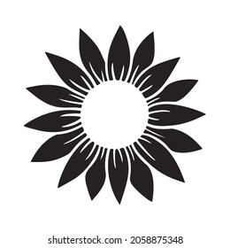 Sunflower simple icon. Flower silhouette vector illustration. Sunflower graphic logo, hand drawn icon for packaging, decor. Petals frame, black silhouette isolated on white background.