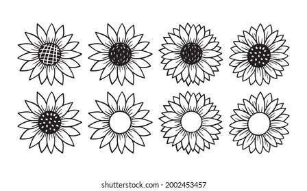 Sunflower simple icon set. Flower silhouette vector illustration. Sunflower graphic logo collection, hand drawn icon for packaging, decor. Petals frame, black silhouette isolated on white background.