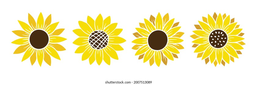 Sunflower simple icon set. Flower silhouette vector illustration. Sunflower graphic logo collection, hand drawn icon for packaging, decor. Petals frame, black silhouette isolated on white background.