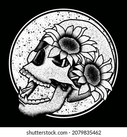 sunflower and skull illustration with hand drawing style. recommended for tshirt design, sticker, enamel pin, etc.