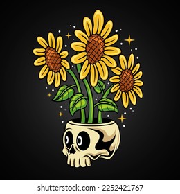 sunflower with skull vase vector illustration