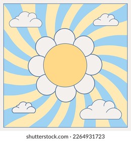 Sunflower in the sky with wavy sun rays, groovy poster in 1970s style, drawing in groovy style, vector banner, poster, card in 70s old fashioned style.