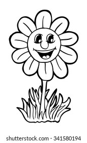 Sunflower with smile, vector illustration, coloring book