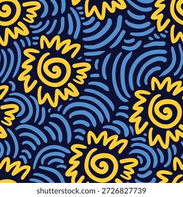Sunflower spiral doodle seamless pattern. Blue and yellow hand drawn pattern.
