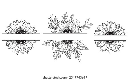 Sunflower Split Border. Half of Sunflower. Sunflower Frames Line Art, Fine Line Sunflower Frames Hand Drawn Illustration. Coloring Page with SunFlowers